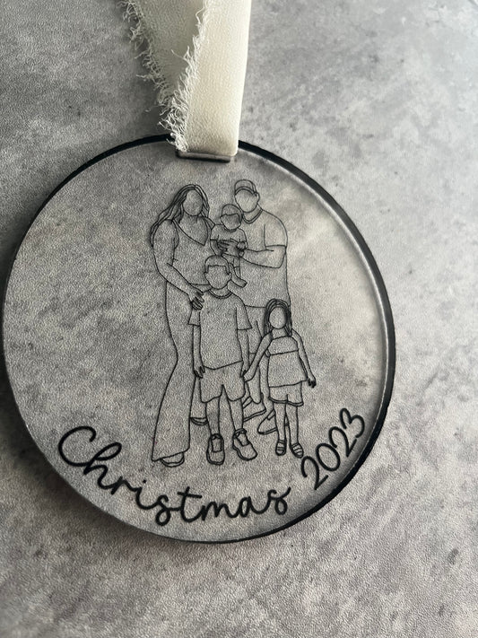Family Merry Christmas Line Portrait Ornament